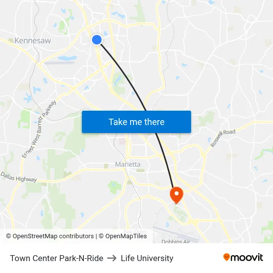 Town Center Park-N-Ride to Life University map