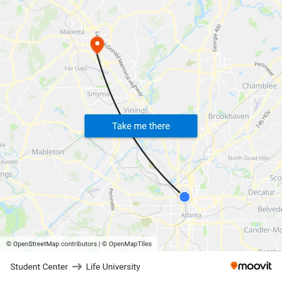 Student Center to Life University map