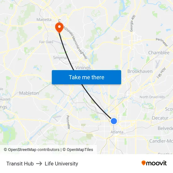 Transit Hub to Life University map
