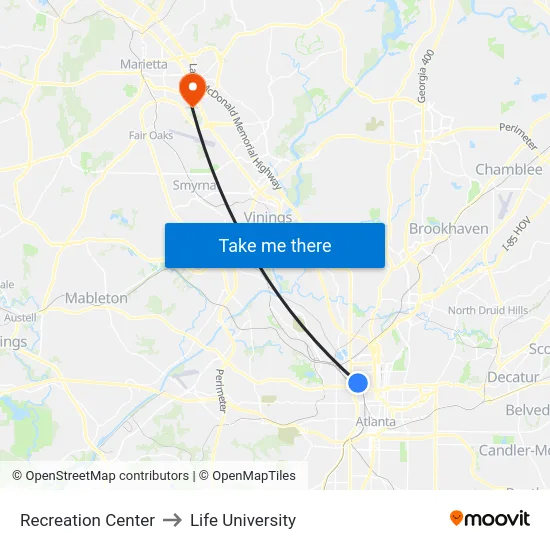 Recreation Center to Life University map