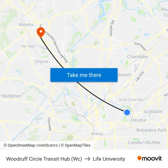 Woodruff Circle Transit Hub (Wc) to Life University map