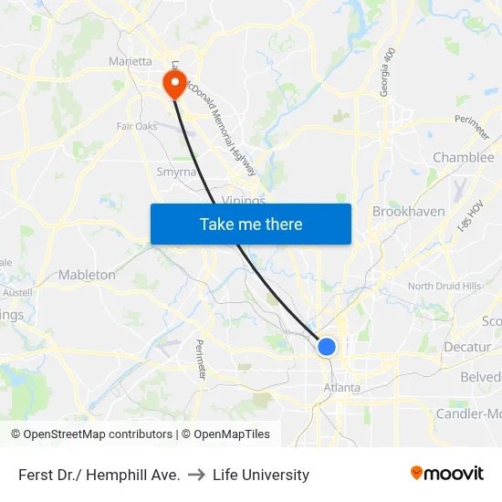 Ferst Dr./ Hemphill Ave. to Life University map