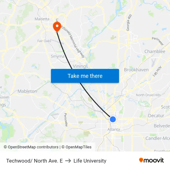 Techwood/ North Ave. E to Life University map