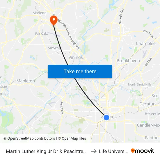 Martin Luther King Jr Dr & Peachtree St to Life University map