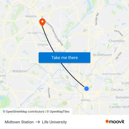 Midtown Station to Life University map