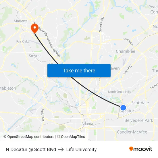 N Decatur @ Scott Blvd to Life University map