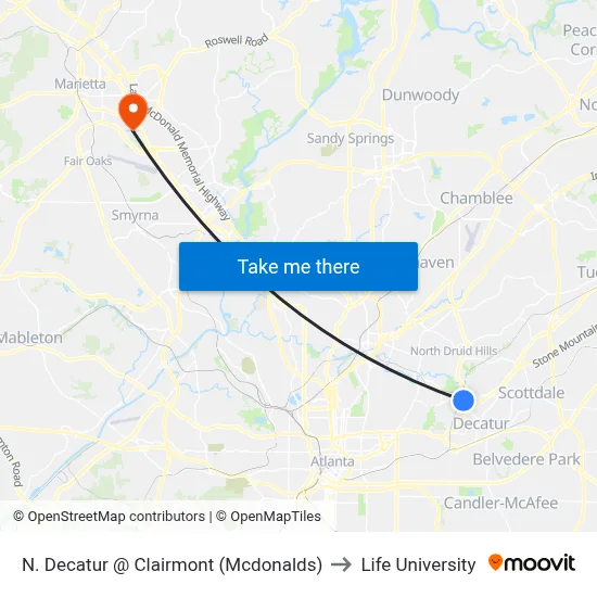 N. Decatur @ Clairmont (Mcdonalds) to Life University map