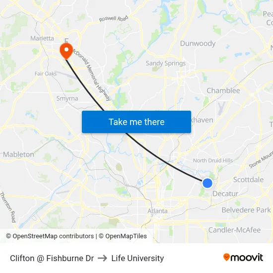 Clifton @ Fishburne Dr to Life University map