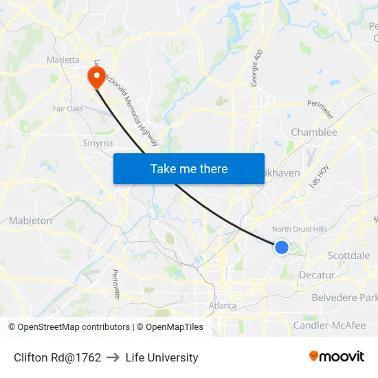 Clifton Rd@1762 to Life University map