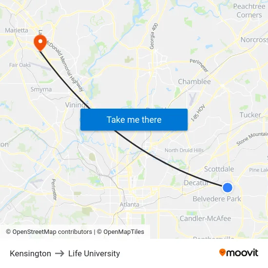 Kensington to Life University map