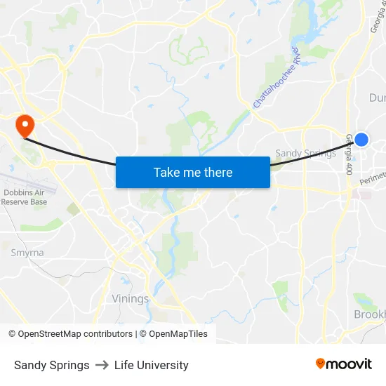 Sandy Springs to Life University map