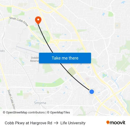 Cobb Pkwy at Hargrove Rd to Life University map