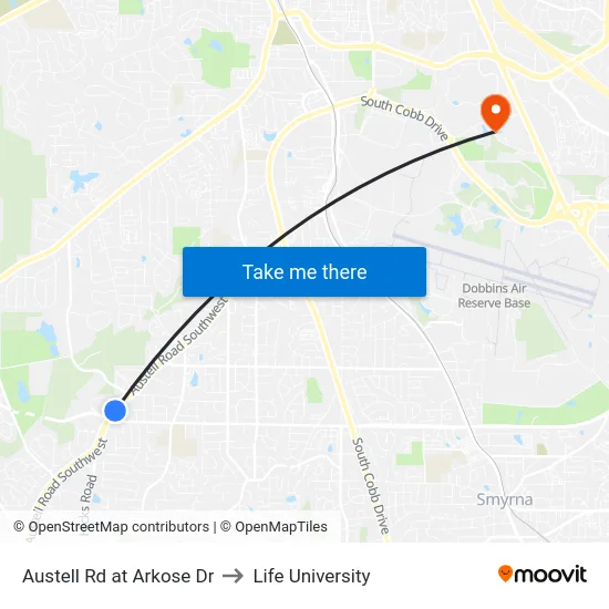 Austell Rd at Arkose Dr to Life University map