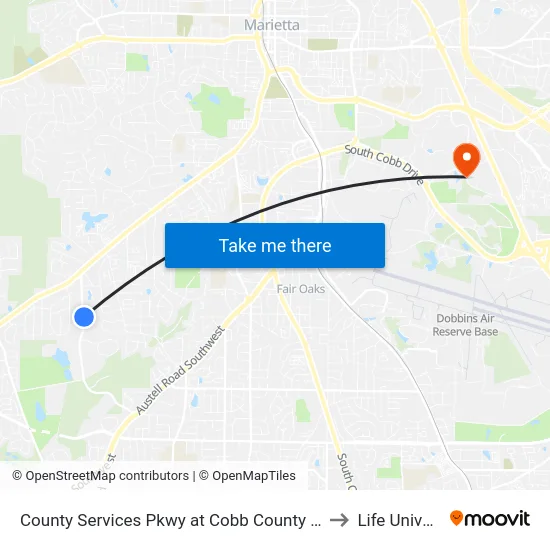 County Services Pkwy at Cobb County Health Dept to Life University map