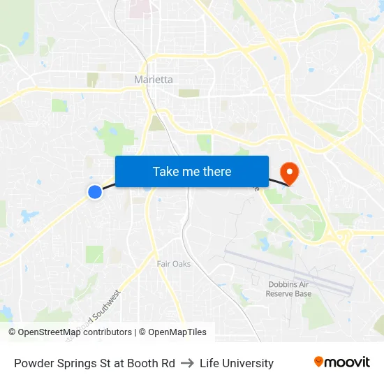 Powder Springs St at Booth Rd to Life University map