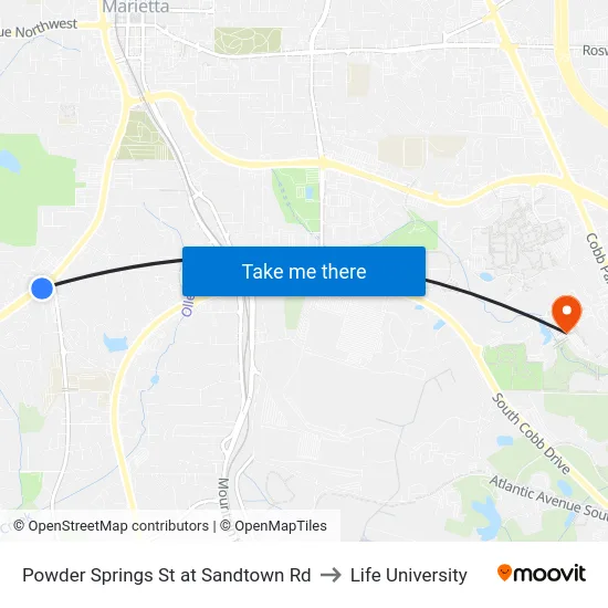 Powder Springs St at Sandtown Rd to Life University map