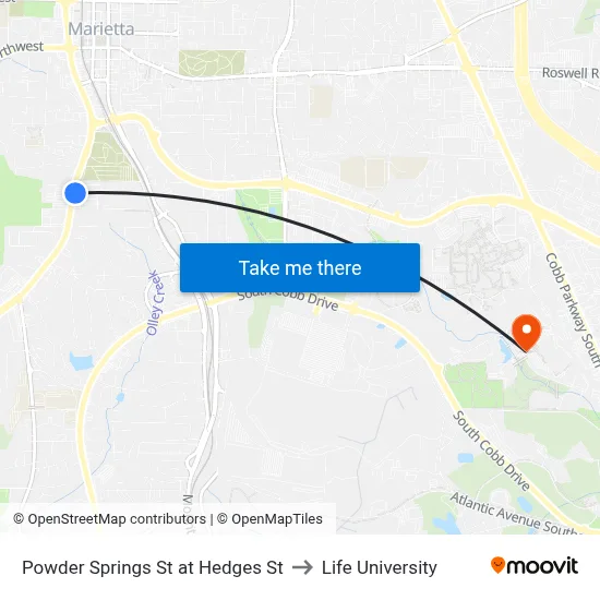 Powder Springs St at Hedges St to Life University map