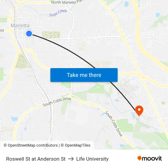 Roswell St at Anderson St to Life University map