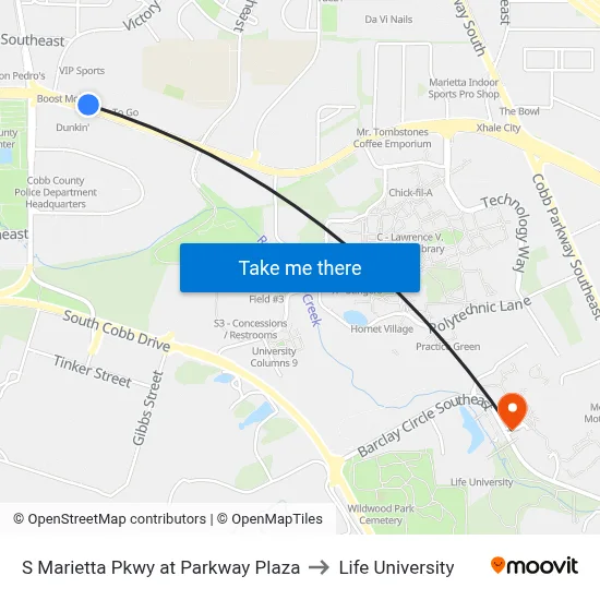 S Marietta Pkwy at Parkway Plaza to Life University map