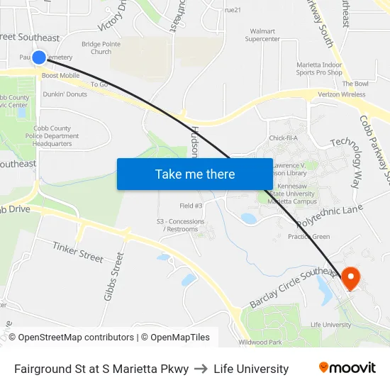 Fairground St at S Marietta Pkwy to Life University map