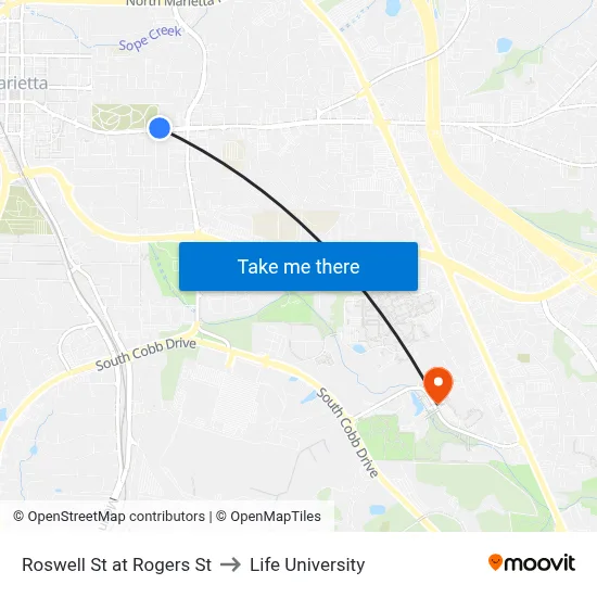 Roswell St at Rogers St to Life University map