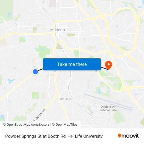 Powder Springs St at Booth Rd to Life University map