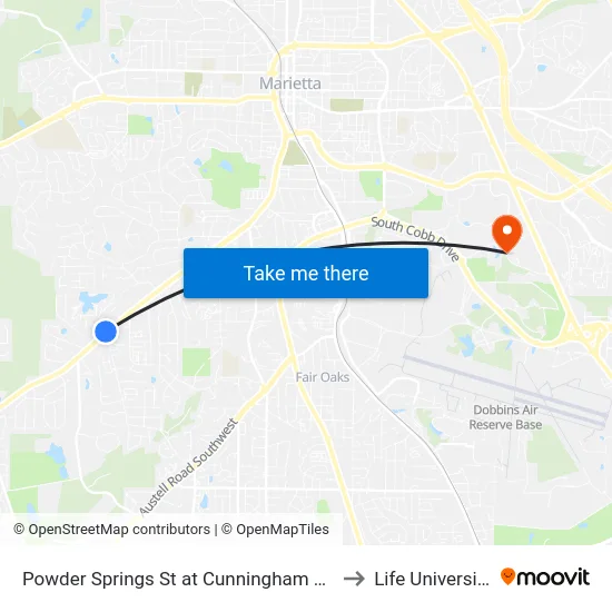 Powder Springs St at Cunningham Rd to Life University map