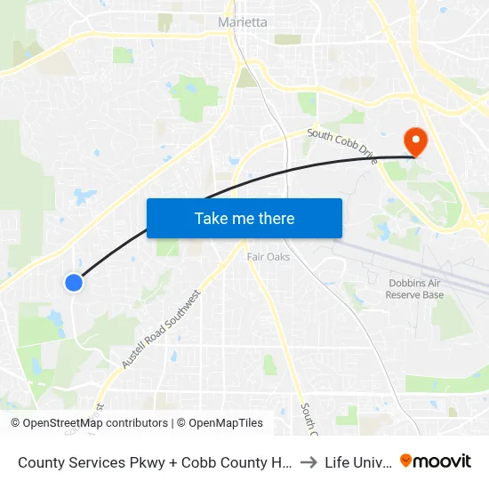 County Services Pkwy + Cobb County Health Department to Life University map