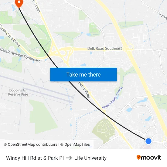 Windy Hill Rd at S Park Pl to Life University map
