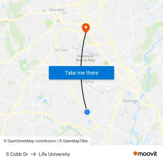 S Cobb Dr to Life University map
