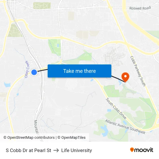 S Cobb Dr at Pearl St to Life University map