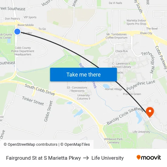 Fairground St at S Marietta Pkwy to Life University map