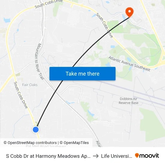 S Cobb Dr at Harmony Meadows Apts to Life University map