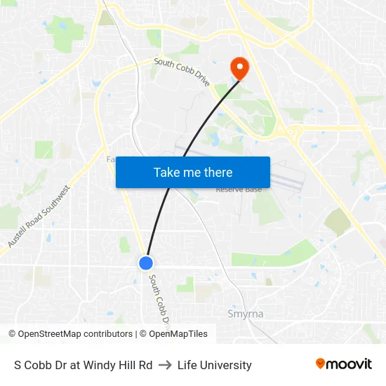 S Cobb Dr at Windy Hill Rd to Life University map