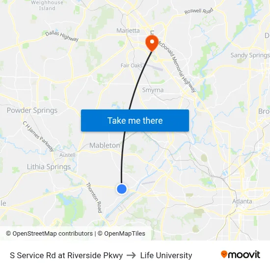 S Service Rd at Riverside Pkwy to Life University map