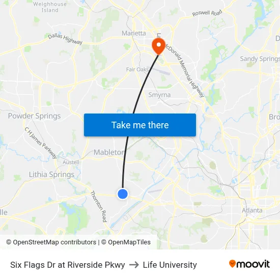 Six Flags Dr at Riverside Pkwy to Life University map