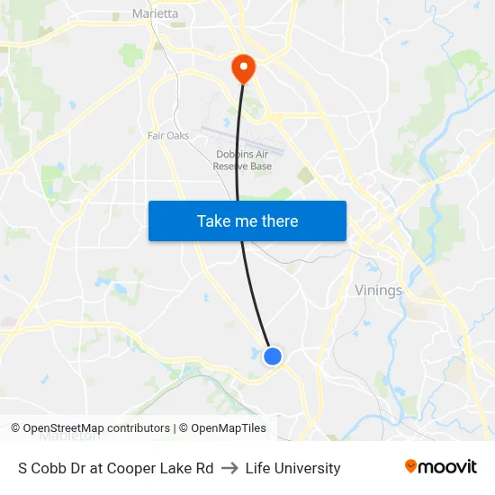 S Cobb Dr at Cooper Lake Rd to Life University map
