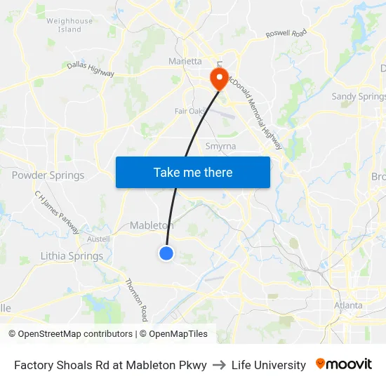 Factory Shoals Rd at Mableton Pkwy to Life University map