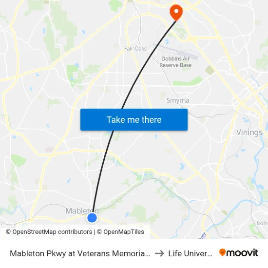 Mableton Pkwy at Veterans Memorial Hwy to Life University map
