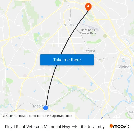 Floyd Rd at Veterans Memorial Hwy to Life University map