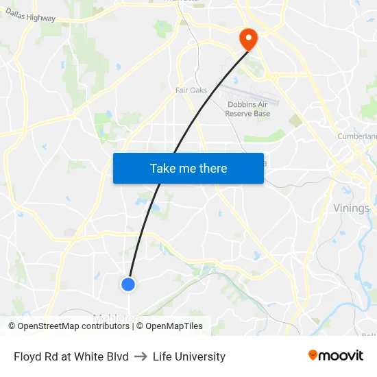 Floyd Rd at White Blvd to Life University map