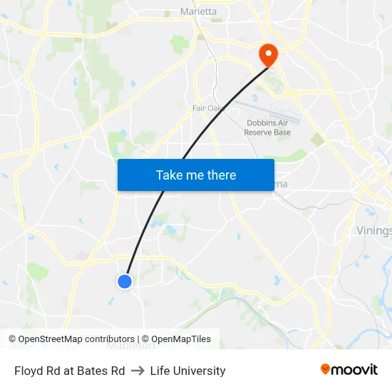 Floyd Rd at Bates Rd to Life University map