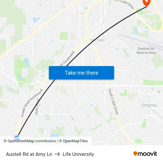 Austell Rd at Amy Ln to Life University map
