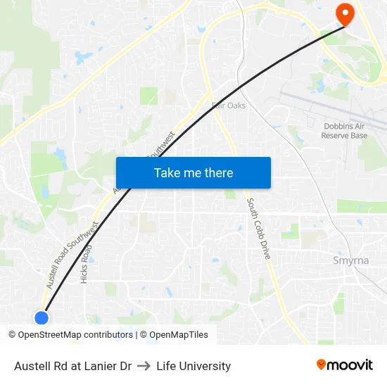 Austell Rd at Lanier Dr to Life University map