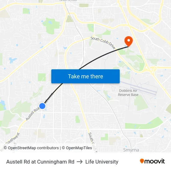 Austell Rd at Cunningham Rd to Life University map