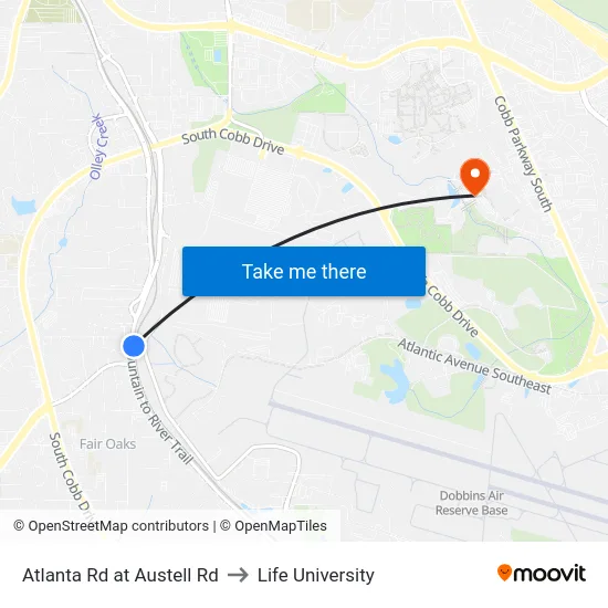 Atlanta Rd at Austell Rd to Life University map