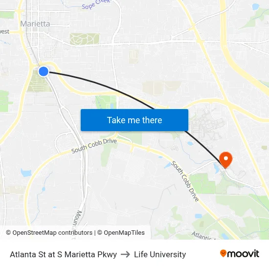 Atlanta St at S Marietta Pkwy to Life University map