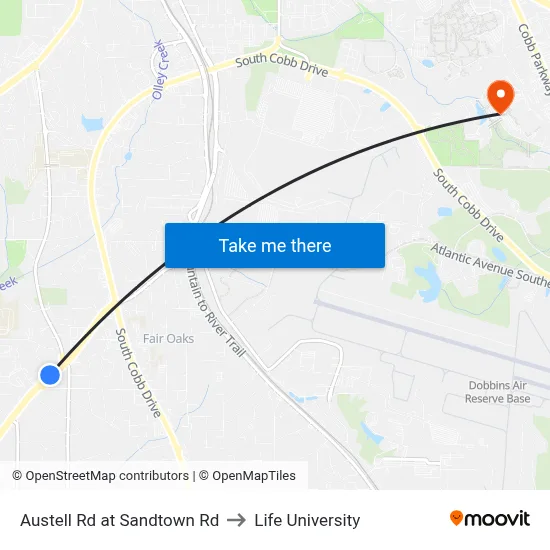 Austell Rd at Sandtown Rd to Life University map