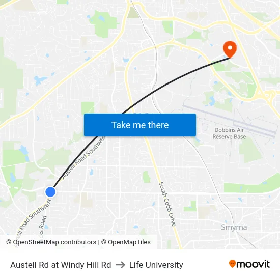 Austell Rd at Windy Hill Rd to Life University map