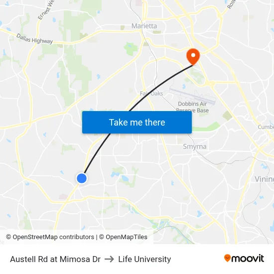 Austell Rd at Mimosa Dr to Life University map